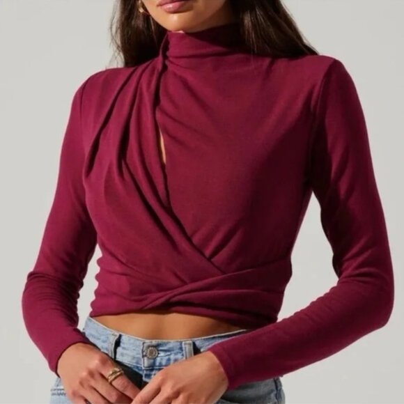 ASTR The Label Tops - ASTR Burgundy Draped Blouse Asymmetric Pleated Cutout Mock Neck Wrap Blouse (M)